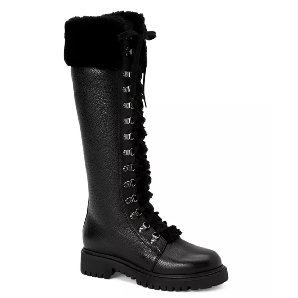 NEW Aquatalia Joslyn Knee-High Faux Fur-Trimmed Black Leather Boots Sz. 5
